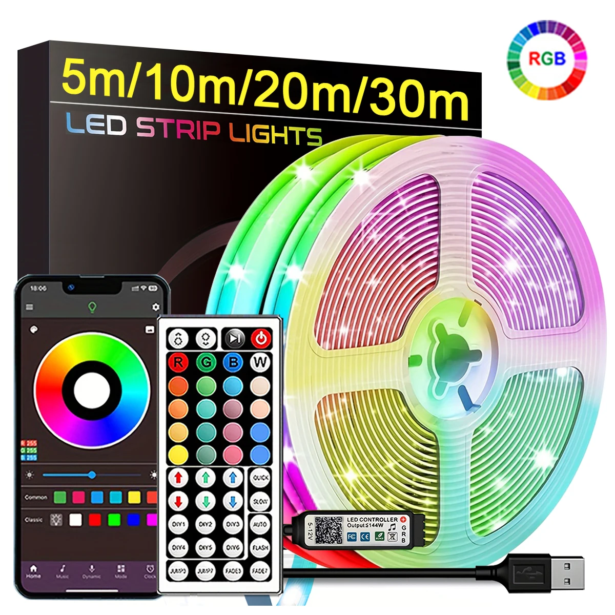 Tira LED RGB con control remoto iluminando un escritorio gamer