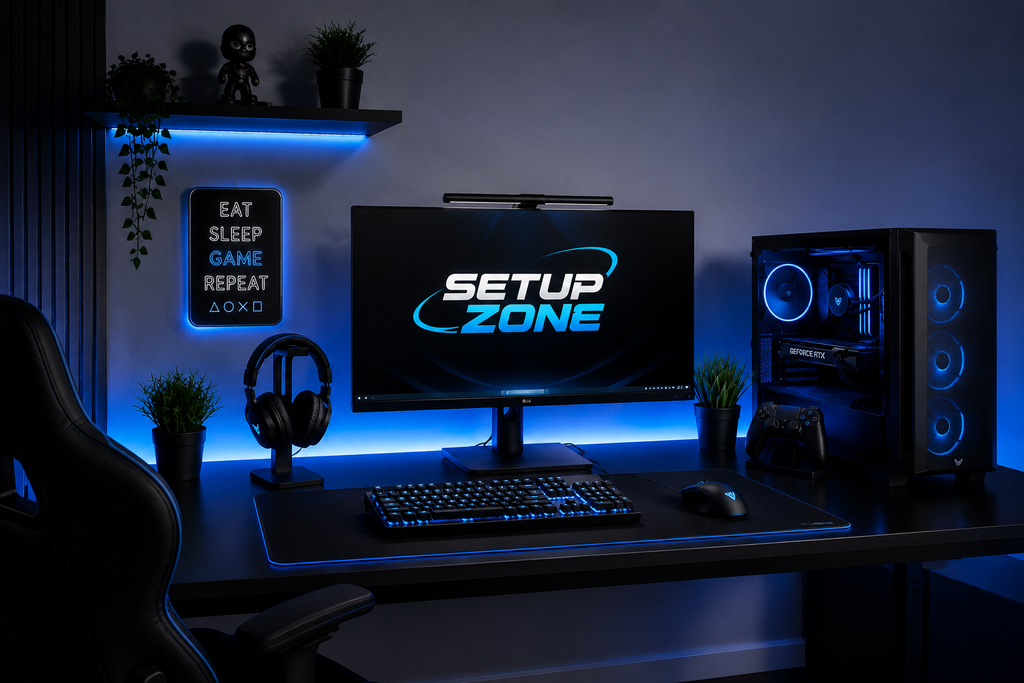 Escritorio gamer con luces LED azules